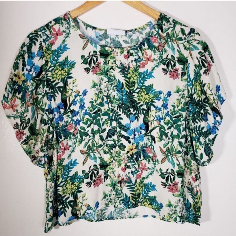 Weekday Floral Botanical Print Cropped Short Sleeve Casual Blouse Size S